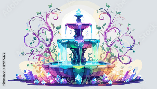 Colorful fountain surrounded by crystals and plants in a vibrant illustration