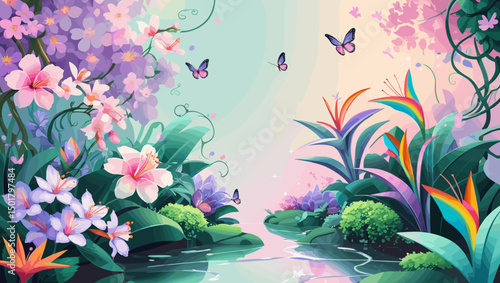 Vibrant tropical garden with flowers, butterflies, and a serene stream under a pastel sky