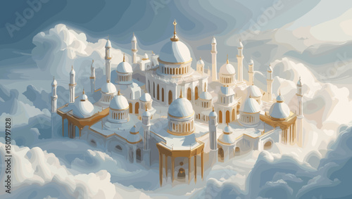Magnificent palace amid fluffy clouds with golden domes and intricate architecture