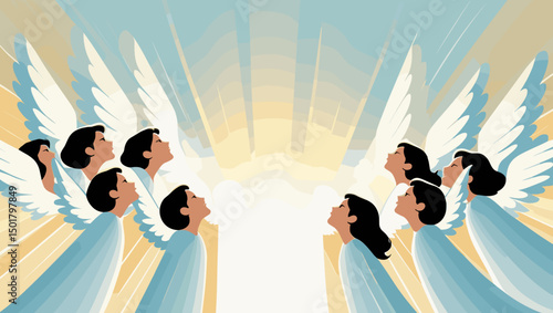 Heavenly angels gazing upward with radiant light and expansive wings