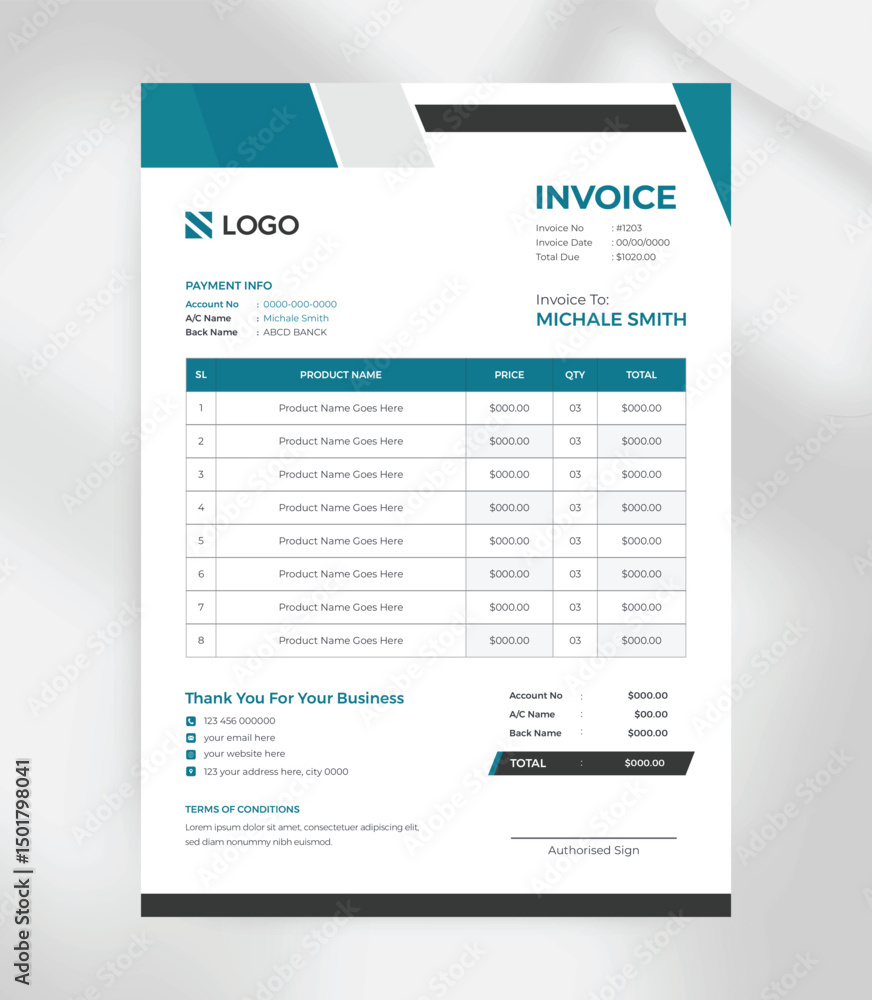 Obraz premium Modern Editable Invoice Template A4 Size, Clean & Professional Design for Business Billing