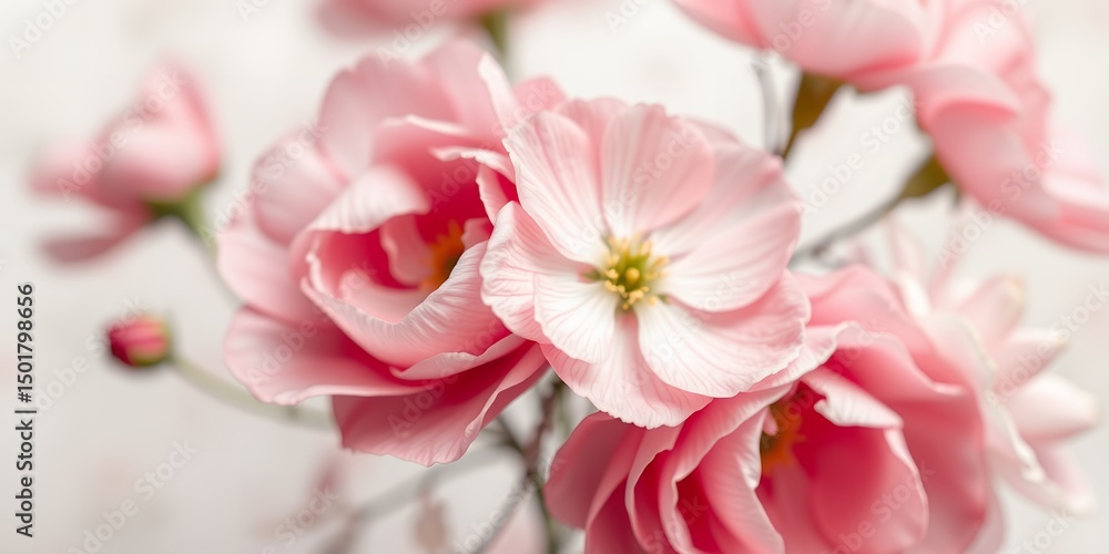 A close up of several light pink flowers with yellow centers against a blurry white background A close up of several light pink flowers with yellow centers against a blurry white background