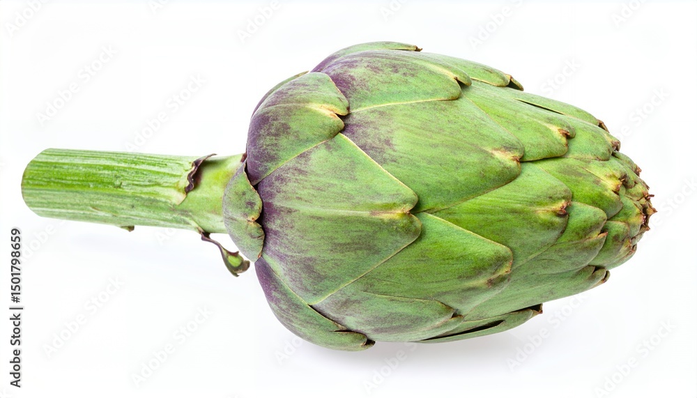 Obraz premium A fresh artichoke rests on a white background, showcasing its green and purple hues. This healthy vegetable is ready for cooking or culinary use.