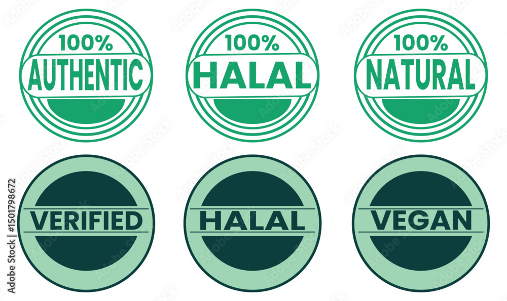 Obraz premium green badge bundle halal authentic natural verified vegan, halal green badge, authentic green badge, natural green badge, verified green badge, vegan green badge, eco-friendly badge set