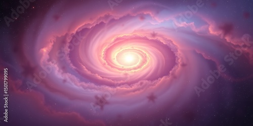 A swirling galaxy of pink and purple clouds with a bright center and scattered stars around it