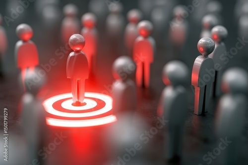 Individual stands in red glowing spotlight among gray figures.