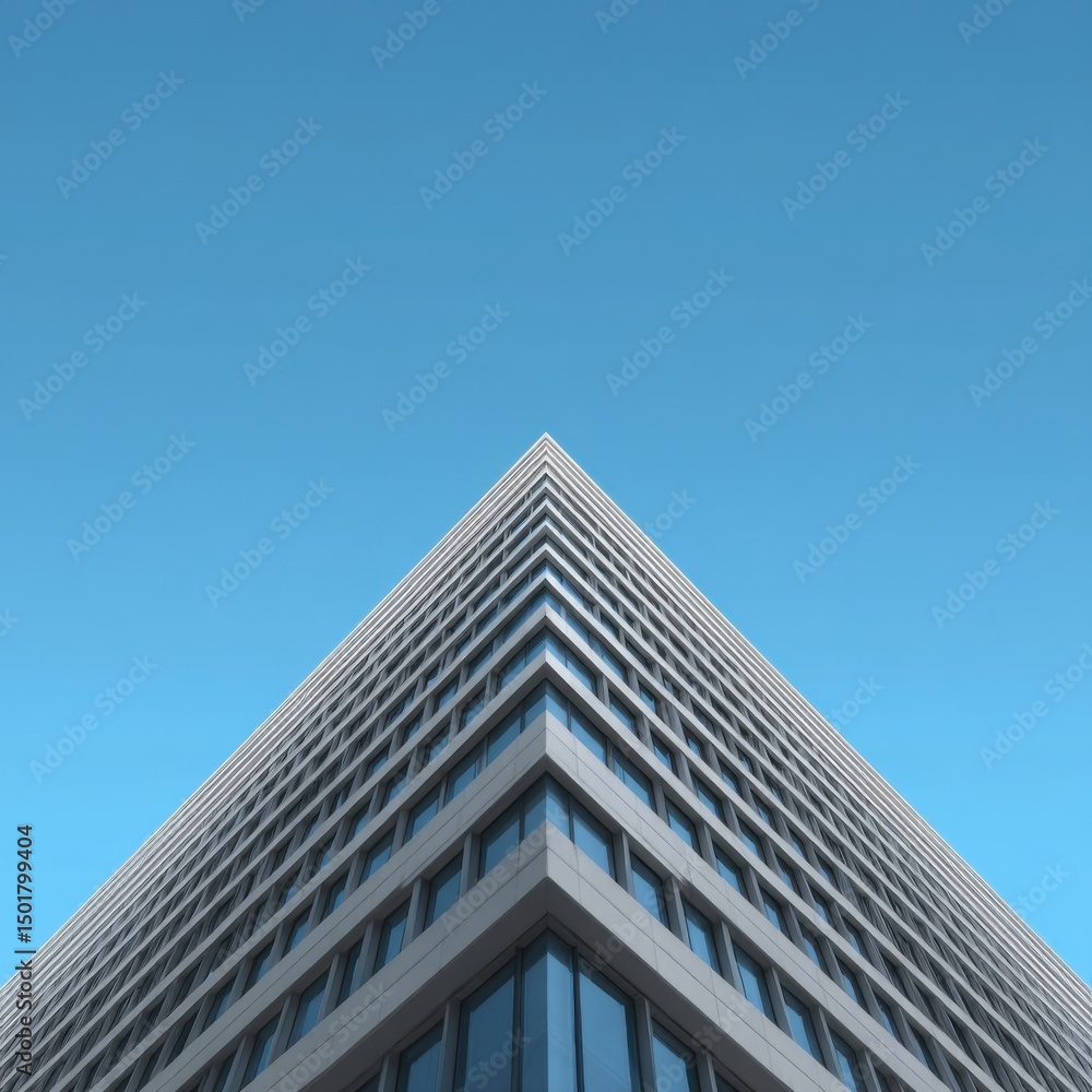 Modern Office Building Reaching Skyward in Upward Angle Shot Underneath Clear Blue Sky in Urban Landscape Modern Office Building Reaching Skyward in Upward Angle Shot Underneath Clear Blue Sky in Urban Landscape