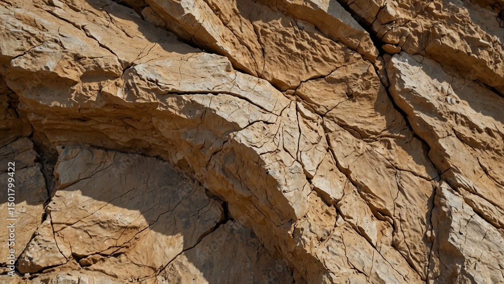 Fototapeta premium Light brown rock texture. Rough mountain surface with cracks. Close-up. Sand color