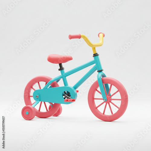 Cartoon Kids Bicycle with Training Wheels on White
