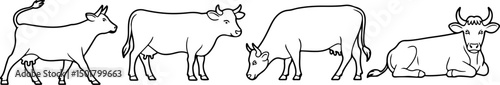 Cow silhouette and line art vector set, black cow icon vector bundle