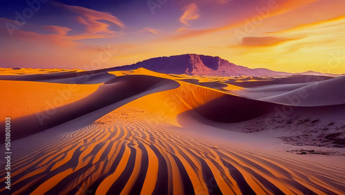 Golden Hour in the Desert A Stunning Landscape of Sand Dunes and a Distant Mountain Under a Colorful Sky
