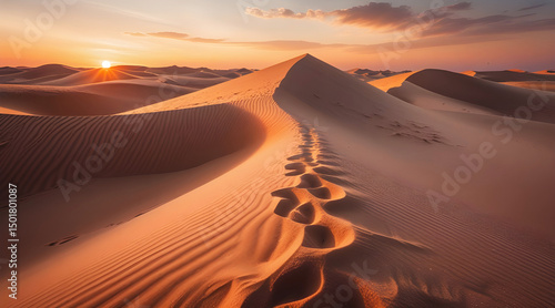 Golden Hour in the Desert A Stunning Landscape of Sand Dunes Under a Warm Sunset Light