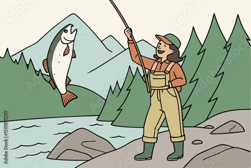 Fisherwoman proudly holding up her catch with mountains behind

