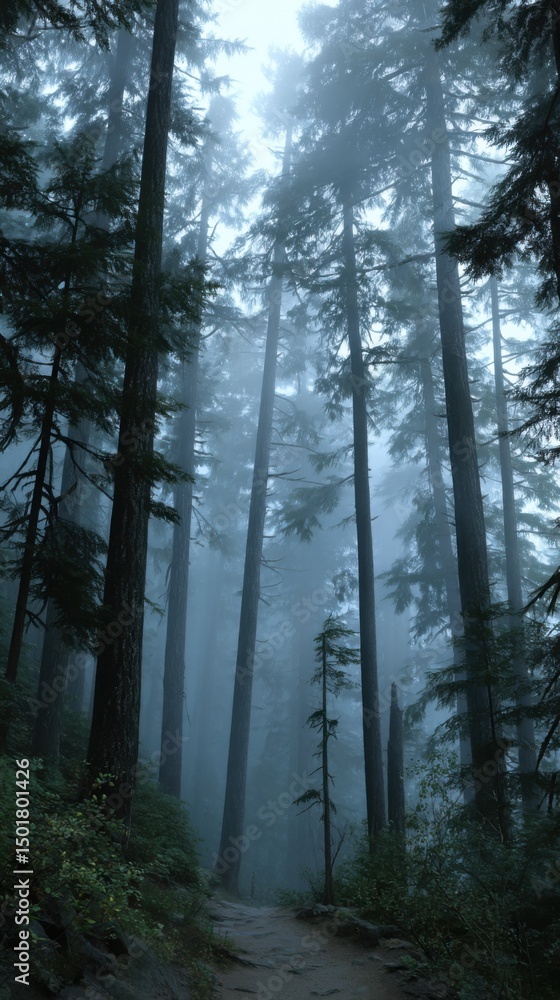Obraz premium Misty Forest Path View from Low Angle on Foggy Day in Pacific Northwest USA Wilderness