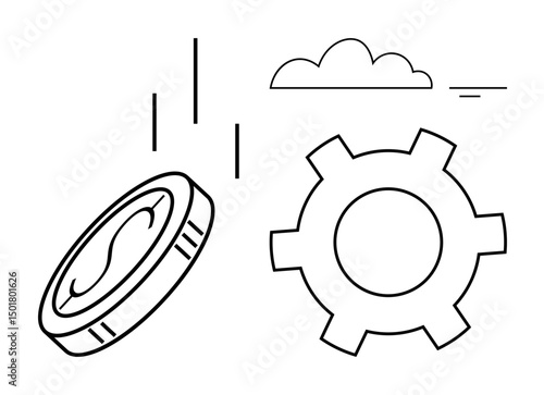 Coin dropping near gear surrounded by cloud and lines. Ideal for finance, automation, process, technology, innovation, economic growth, simple landing page