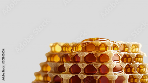 A Close Up of Golden Honeycomb Radiating with Natural Sweetness and Reflecting Light on a White Background
