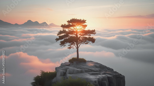Solitary Tree Embracing the Sunrise A Tranquil Vista of Nature's Beauty Perched Above a Sea of Clouds