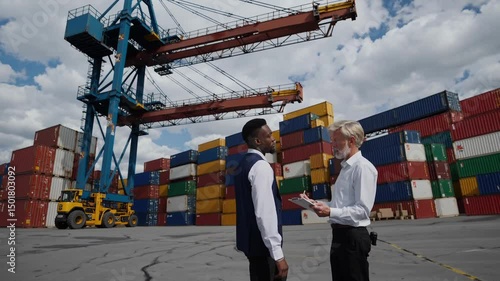 Two businessmen discuss logistics in front of shipping containers and a large crane at a busy port during the day