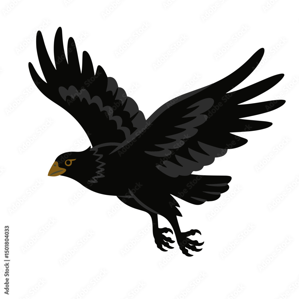 Obraz premium A black crow in flight, illustrated in a stylized manner.