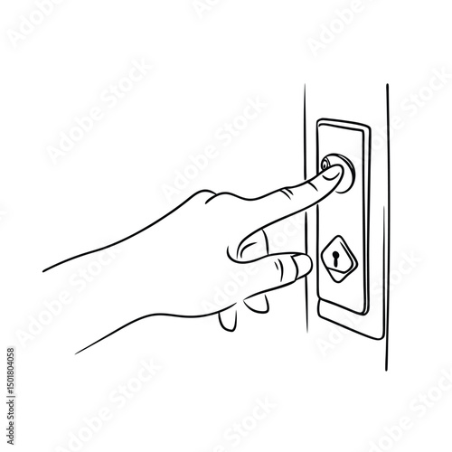 Hand pushing button on door outline simple line art illustration for communication concepts
