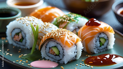 Assortment of Fresh and Colorful Sushi Rolls Featuring Salmon, Sesame Seeds, and Various Sauces on a Green Plate