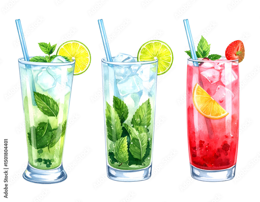 Fototapeta premium Isolated three glass mojito cocktail on white background
