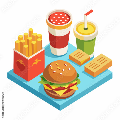 Fast food and drink vector icons, including hamburgers, pizza, and coffee, perfect for meal illustrations