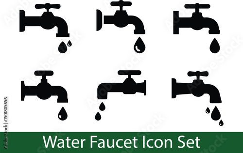 Water Faucet Icon Set. Dripping Tap Silhouettes Vector Collection