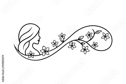 Minimalist silhouette of a woman with flowing hair embellished with delicate floral elements