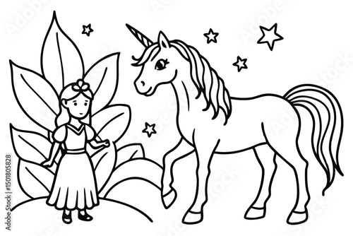 Cute Fairy and Unicorn Coloring Page Illustration
