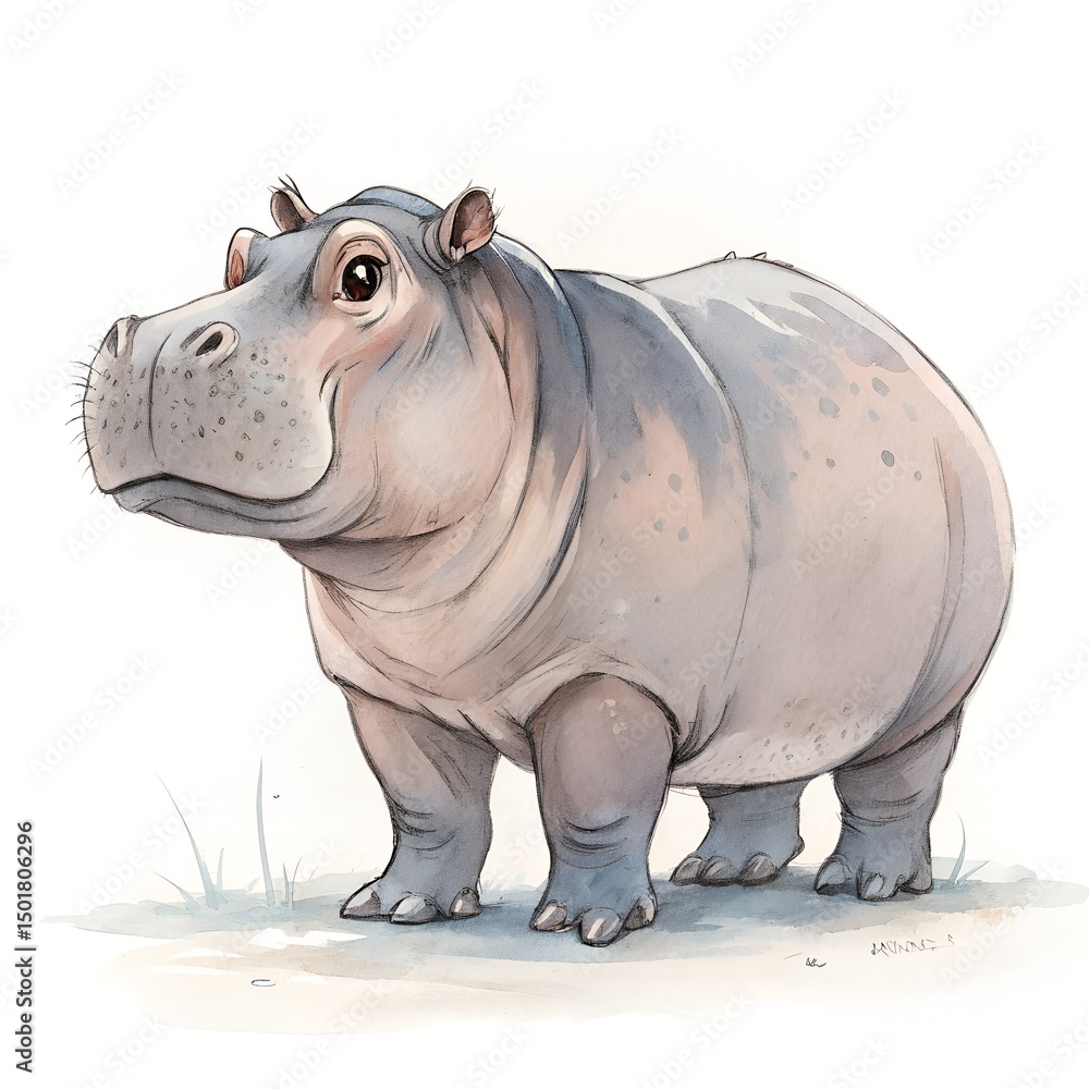 Fototapeta premium Hand-Painted Watercolor Hippopotamus Animal Illustration Isolated on White Background