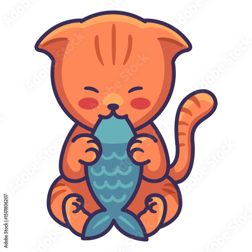 Cute cat eating fish illustration