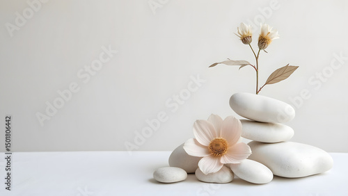 Fototapeta Naklejka Na Ścianę i Meble -  Soft white stones stacked with delicate pale flowers create calm and peaceful minimalist spa scene with natural beauty and balance