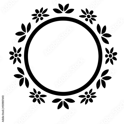 A black circular frame adorned with stylized floral elements.