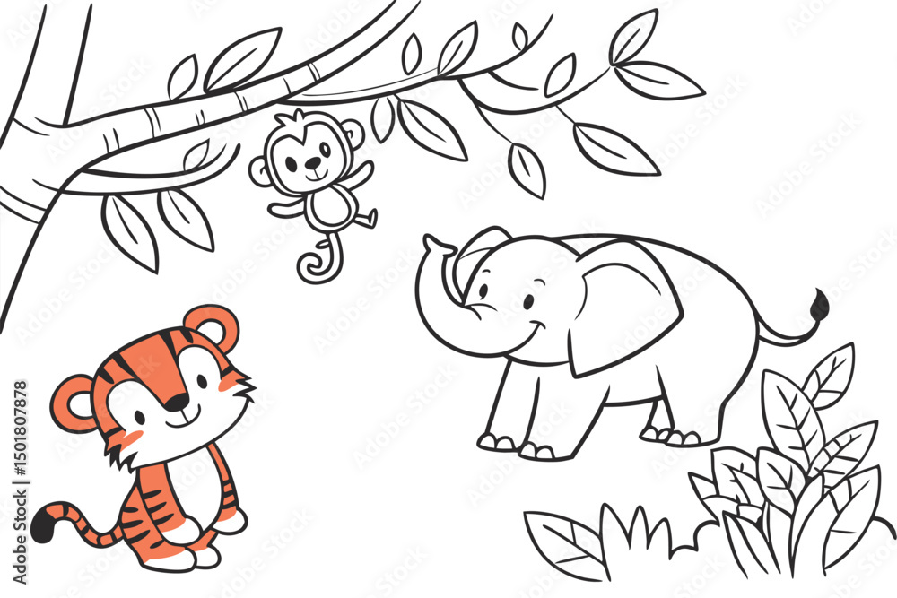 Obraz premium Adorable Cartoon Animals Jungle Coloring Page Illustration