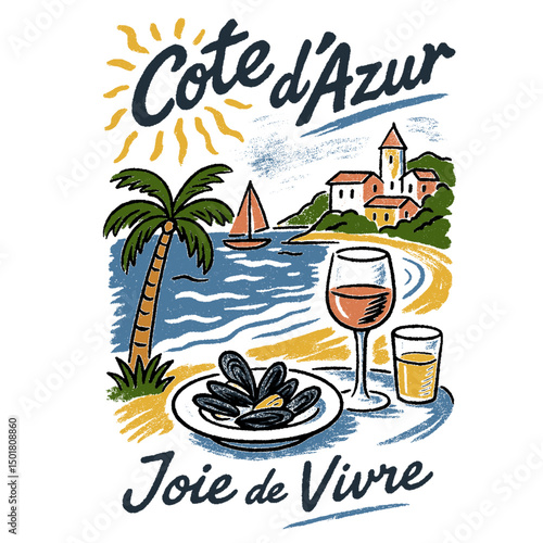 Watercolor Beach Paradise print design. hand drawn tropical summer graphics in vintage. Italy  surfing graphics. cote d azur slogan vintage beach print.