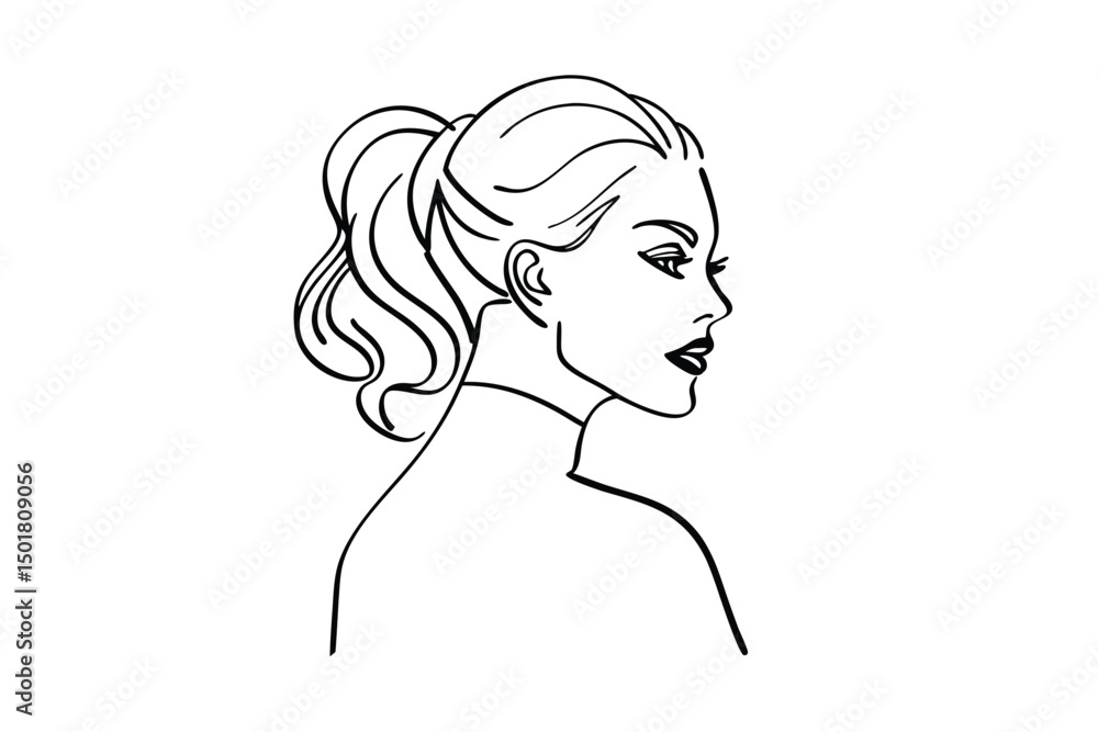 Elegant black and white line drawing portrait of a woman with ponytail in profile Elegant black and white line drawing portrait of a woman with ponytail in profile