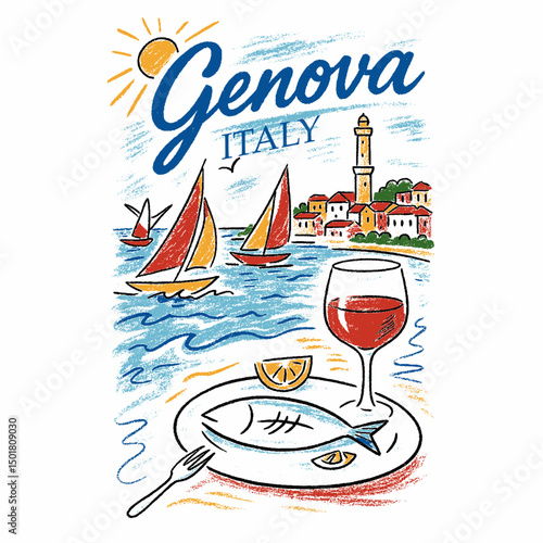 Watercolor hand painting genoa sketch. beach graphic t shirt print design. Beach paradise resort. Endless summer artwork. italy word typography for t shirt.  Food print  t-shirt design.