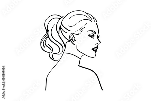 Elegant black and white line drawing portrait of a woman with ponytail in profile