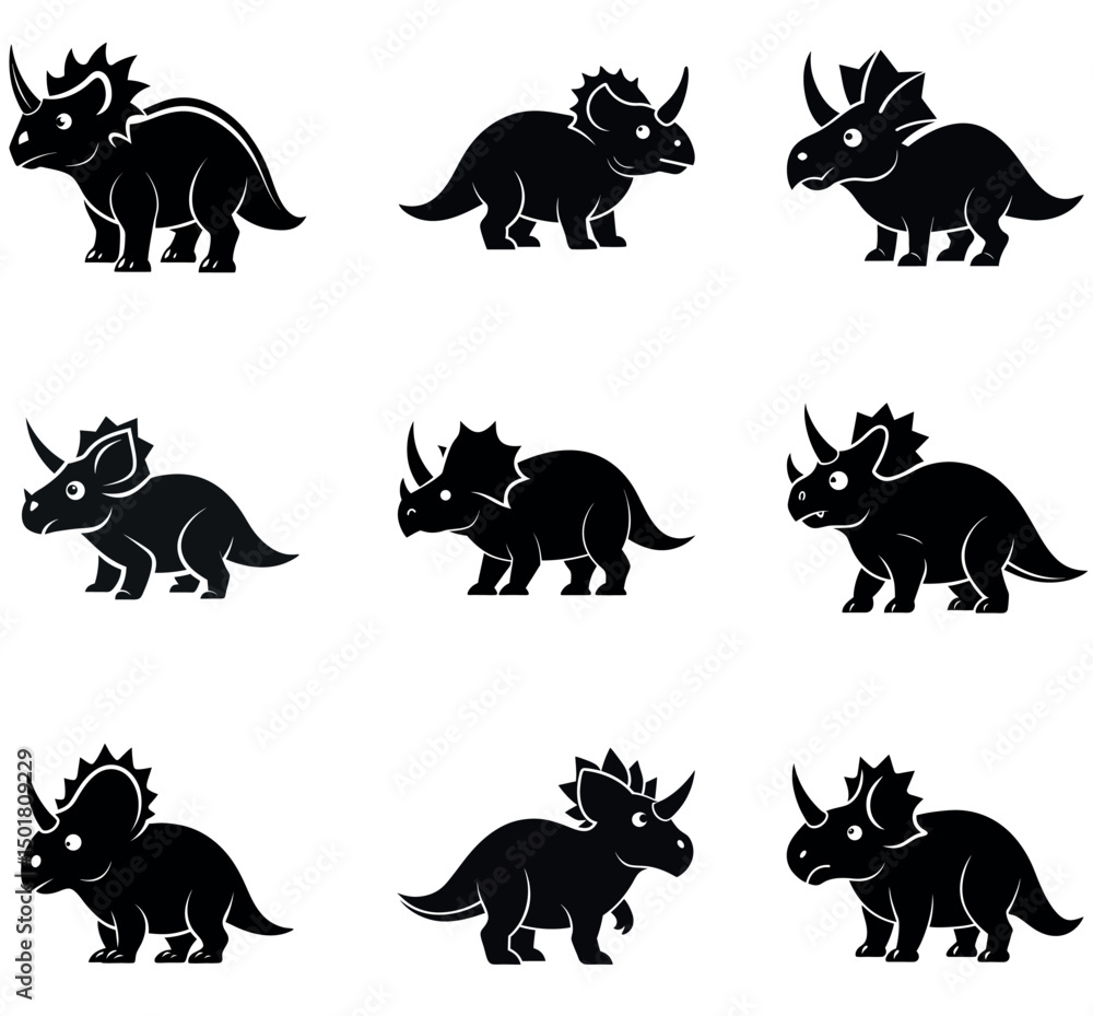 Obraz premium Black Triceratops Dinosaur Silhouettes Bundle – Vector Prehistoric Icons Set