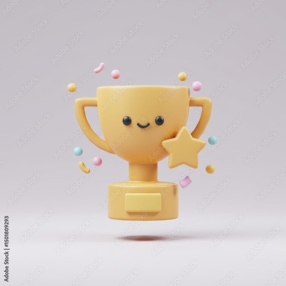 Fototapeta premium A cheerful cartoon trophy with a star, surrounded by colorful confetti, representing success.