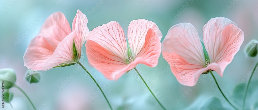 Fototapeta premium Peachtinted geraniums backlit in serene light