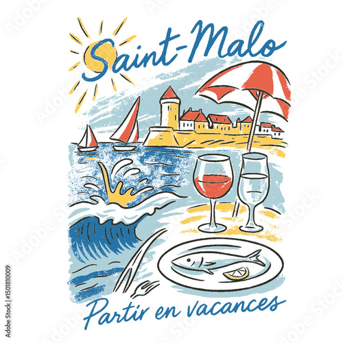 watercolor paint Saint Malo skyline, france landscape. saint malo vintage t-shirt design. vintage retro graphics. beach graphics. italian food fashion design. juice in glass with umbrala.