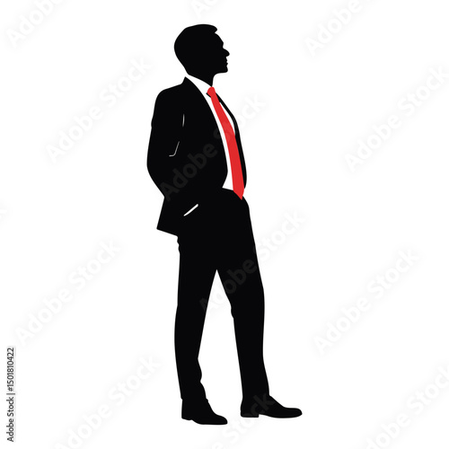 Businessperson silhouette in suit vector art with black design and red accent isolated on transparent background