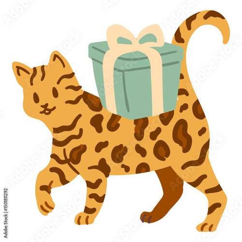Birthday cat carrying a gift atop its back