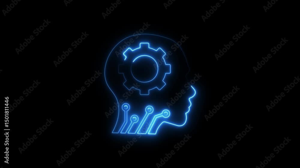 Animated neon brain with gear symbol illustrating artificial intelligence and technology Animated neon brain with gear symbol illustrating artificial intelligence and technology