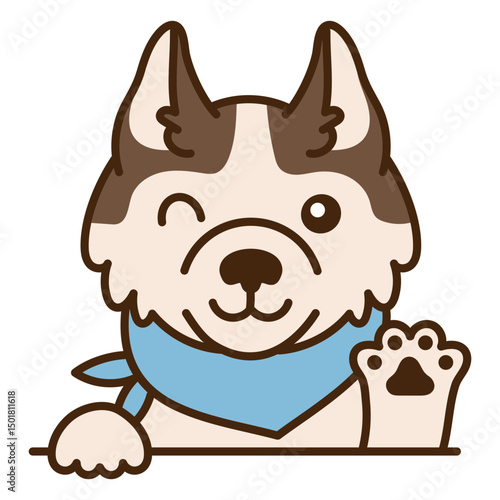 Husky dog wearing a blue bandana