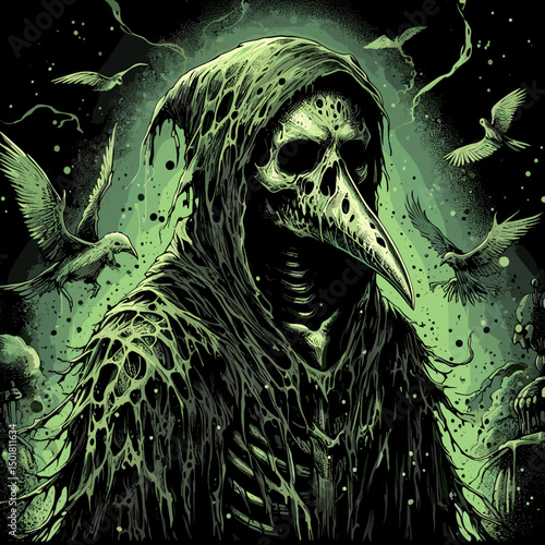 Eerie plague doctor with a skeletal face and tattered cloak surrounded by birds in a dark atmosphere