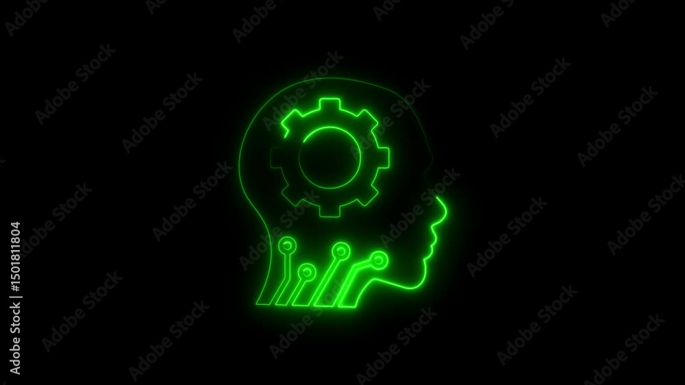 Illuminated green neon outline of a human head with gear for artificial intelligence concept Illuminated green neon outline of a human head with gear for artificial intelligence concept