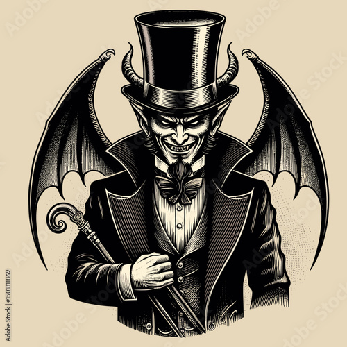 Stylish vampire with a top hat and bat wings holding a cane in a vintage illustration